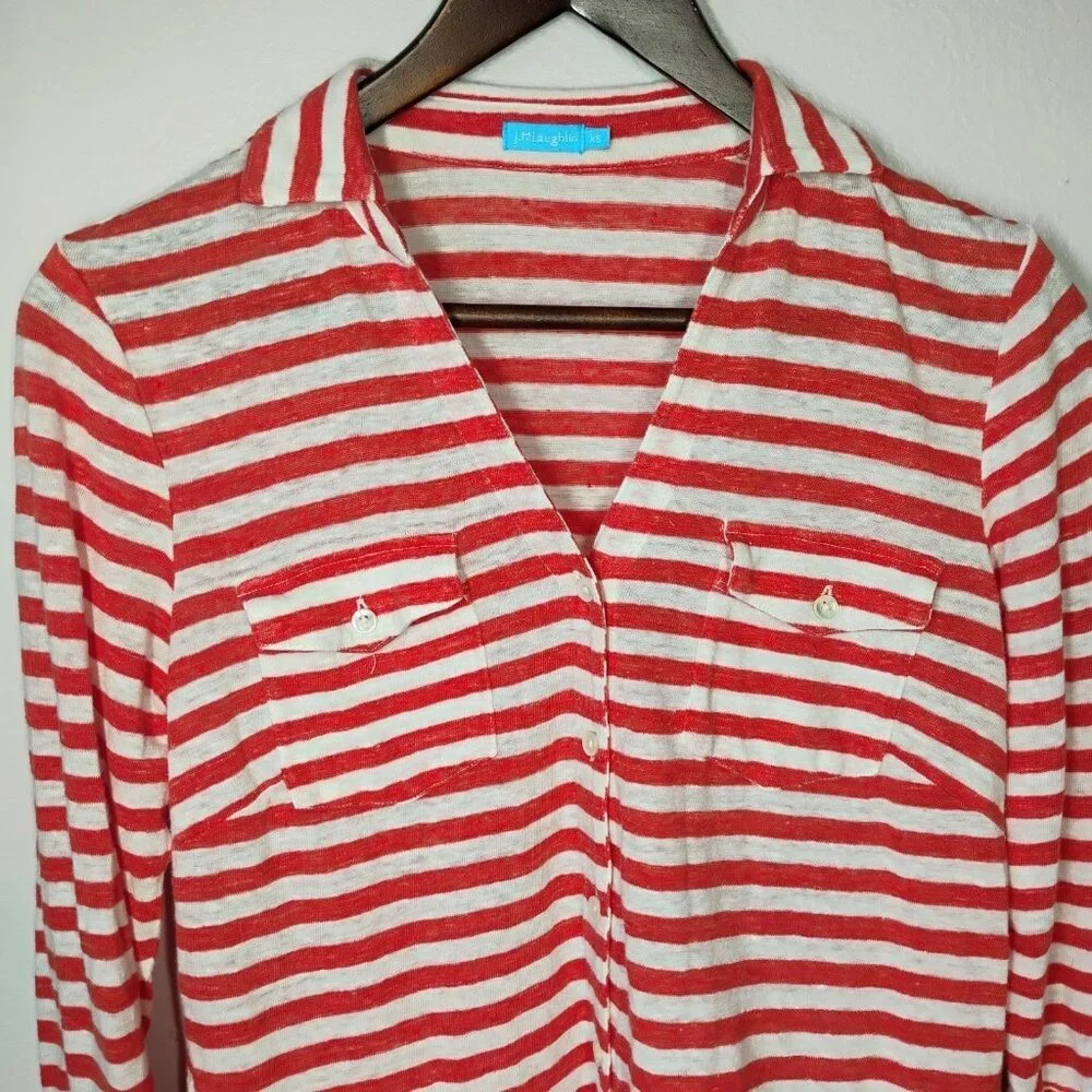 J McLaughlin Top Womens XS Pink White Brynn Stripes Linen Preppy Classic Coastal